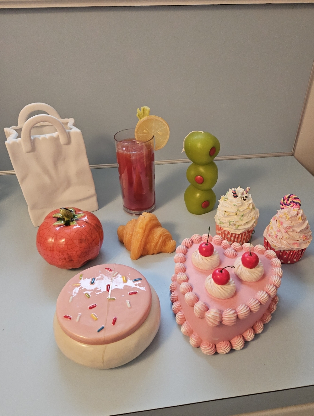 Food Themed Decor Lot (Pink, Red, Green) (Candles, Trinket Dish)